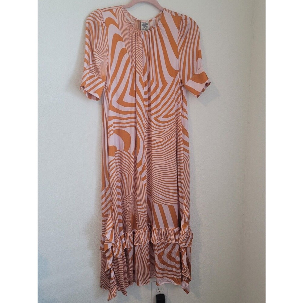 BAUM UND PFERDGARTEN Silk Stretch Psychedelic Swirl Ruffle Hem Midi Dress 34